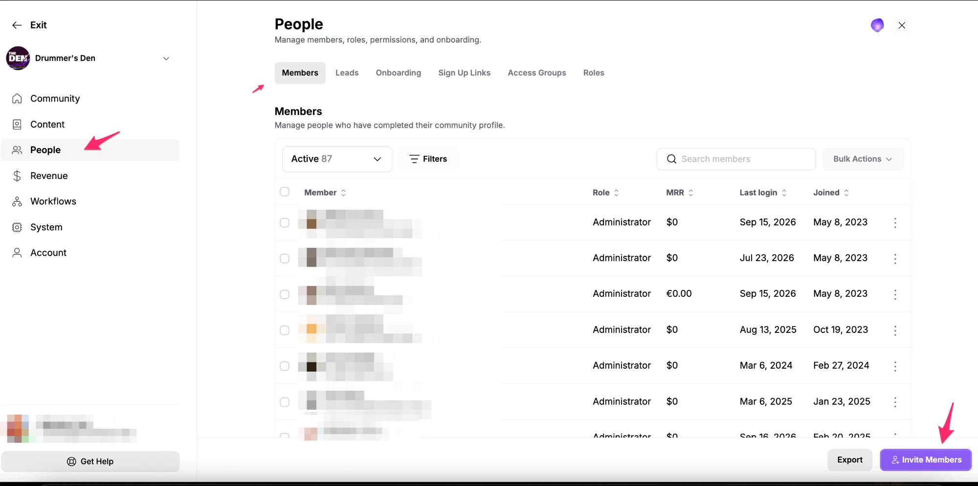 Invite Members button in Settings, People, Members