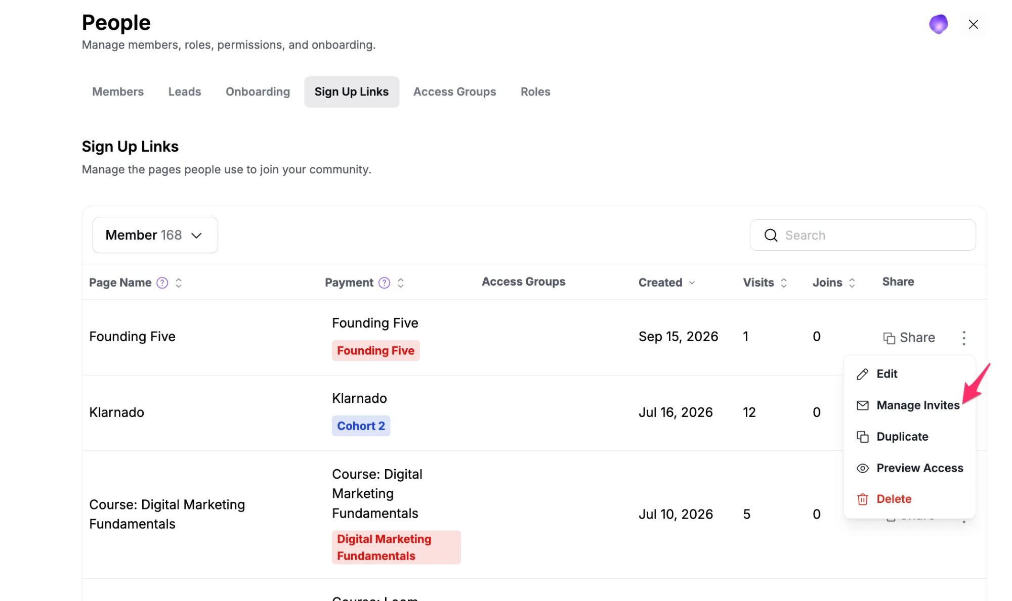 Manage Invites in a Sign Up Link's 3-dot menu