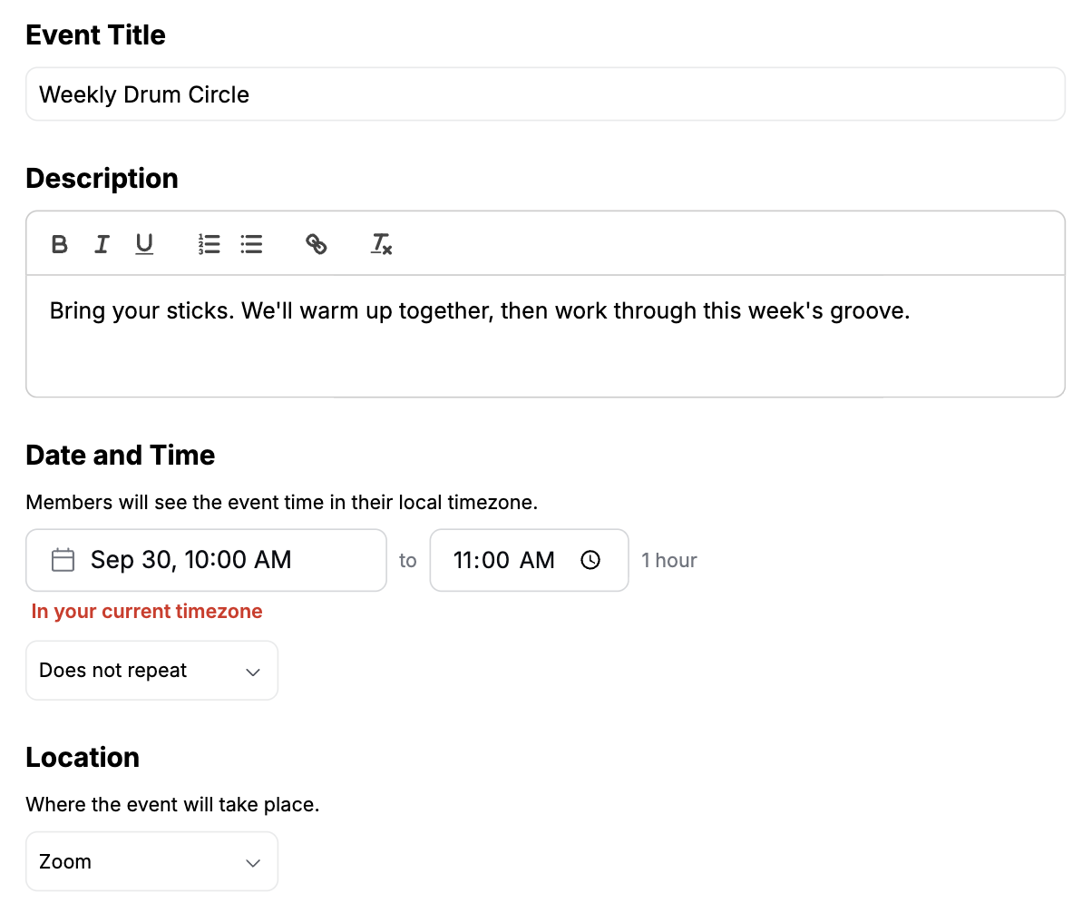 Create Event form with Location set to Zoom