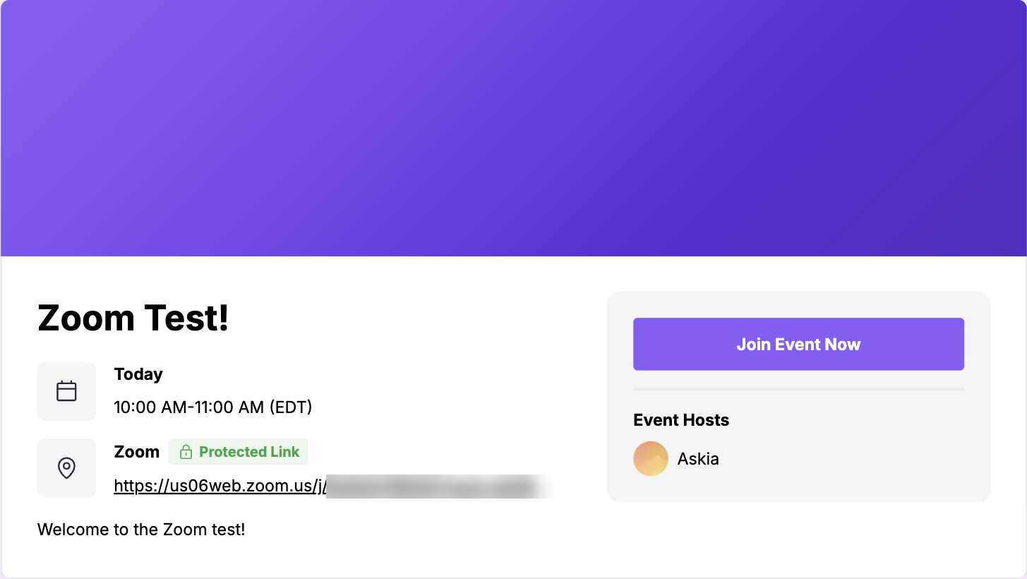 Event page showing the Zoom link