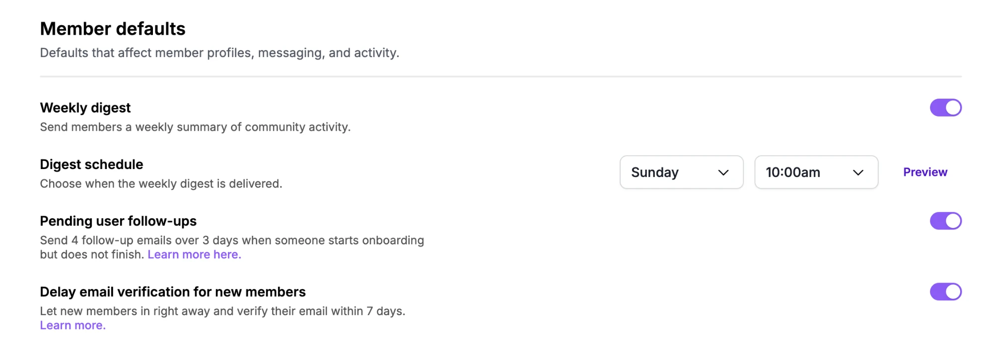 Delay email verification for new members toggle under Member defaults in Community settings
