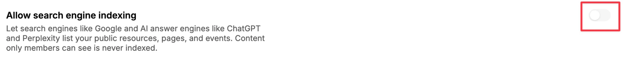 The Allow search engine indexing toggle in Settings, Community, General, under Branding